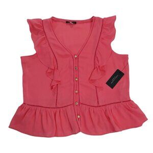 Tommy Hilfiger Womens Pink Ruffled Button-Up Sleeveless Top M Polyester. NWT